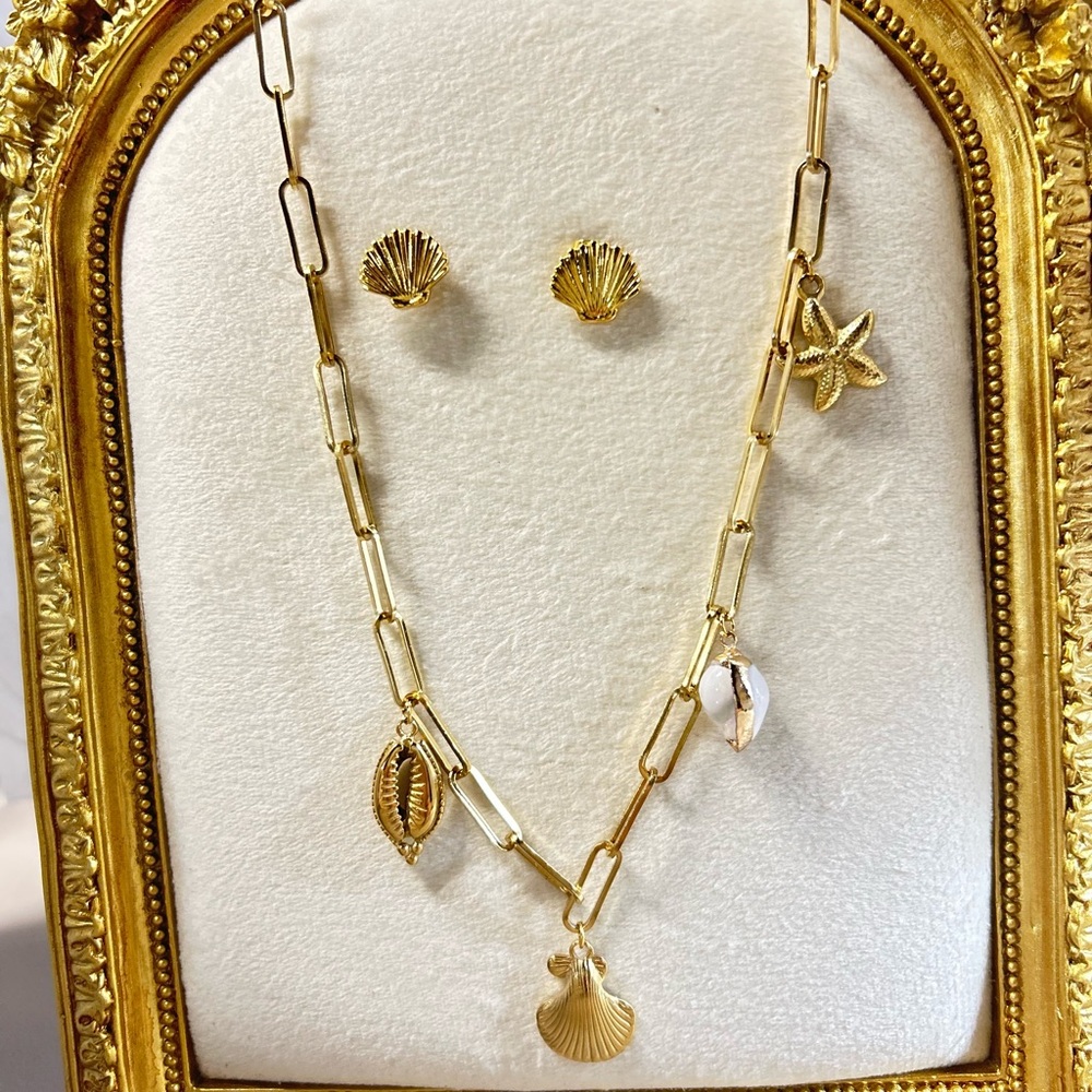 Gold Shell and Starfish Necklace and Earring Set